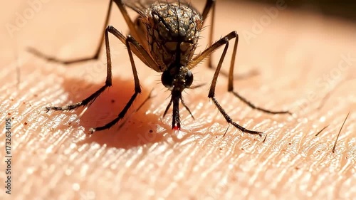 Macro close-up of a mosquito biting human skin and sucking blood through its proboscis A dangerous insect pest and carrier of diseases like malaria and dengue c