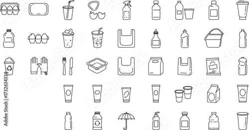 Plastic icons, packaging symbols, bottles graphics, containers illustrations, disposable items, recycling icons, cups, bags, food packaging, drink containers, eco alternatives