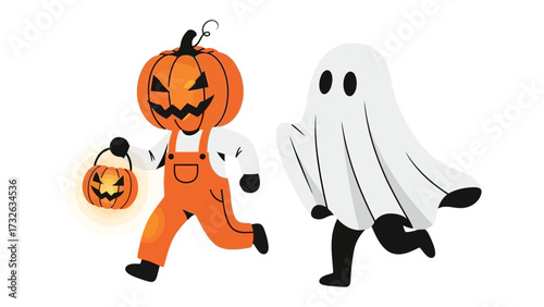 Spooky Halloween Duo: Captivating illustration of a cheerful pumpkin-headed figure and a spectral ghost joyfully running, ready to spread Halloween cheer and a touch of spooky delight.