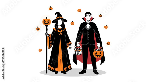 Halloween Costume Duo: A witch and a vampire stand side by side, prepared for Halloween night with a playful scene with pumpkins.