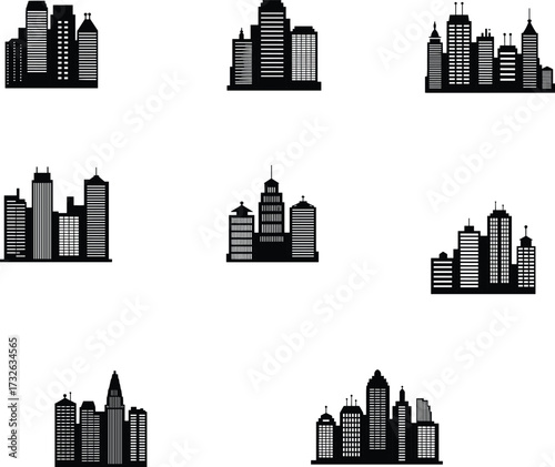 City skyline silhouettes, urban landscape icons, modern skyscraper illustration, metropolitan architecture graphics, downtown skyline artwork, black cityscape design, urban building silhouettes