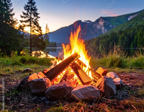 Campfire at Dusk with Mountain Lake View