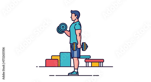Illustration of a man doing bicep curls with dumbbells in a gym setting.