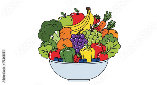 Illustration of a bowl filled with various fruits and vegetables, including apples, bananas, grapes, and carrots.