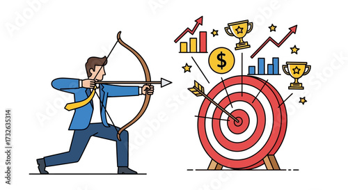 Illustration of a businessman aiming at a target with financial goals.