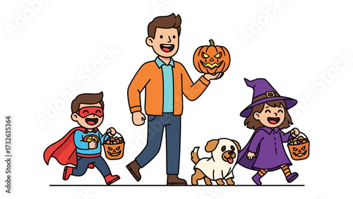 Happy Halloween: A vibrant illustration of a father leading his children, dressed in festive costumes, and their dog in a Halloween parade, carrying pumpkin-shaped treat baskets.