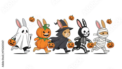 Halloween Bunny Parade: A whimsical illustration of five adorable bunnies dressed in Halloween costumes, joyfully parading with pumpkin baskets.