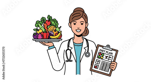 Dietitian holding a tray of vegetables and a diet plan on a clipboard.
