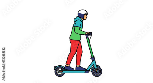 Person riding an electric scooter with helmet.
