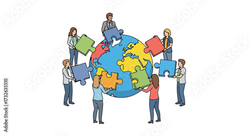 Illustration of people surrounding the Earth with puzzle pieces, symbolizing global teamwork and collaboration.