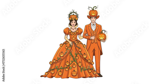Pumpkin Couple Costume: A whimsical illustration captures a regal couple dressed in elaborate pumpkin-themed costumes, celebrating the joy and festivities of Halloween. 