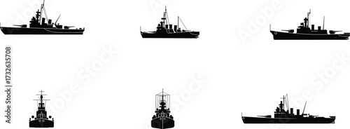 Warship silhouettes, naval vessel icons, military ship illustration, battleship design, destroyer profile, navy fleet artwork, maritime defense graphics, black ship silhouettes