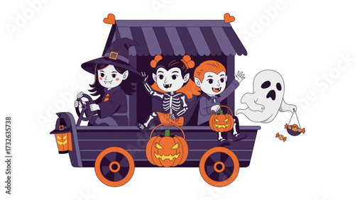 Halloween Parade: Cute kids in whimsical attire and a friendly ghost embark on a spooky adventure in a charming float, conjuring a sense of joy and excitement for Halloween!