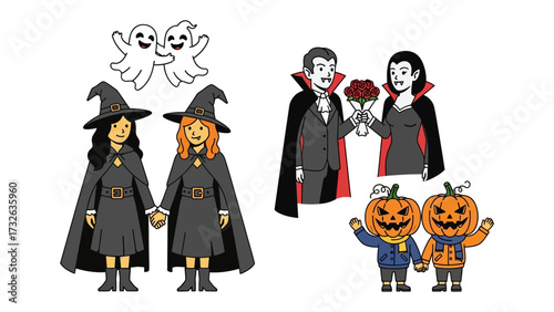 Halloween Themed Drawing: An assortment of Halloween-themed illustrations comes to life in vibrant line art. featuring a charming ensemble of witches, ghosts, a vampire couple.