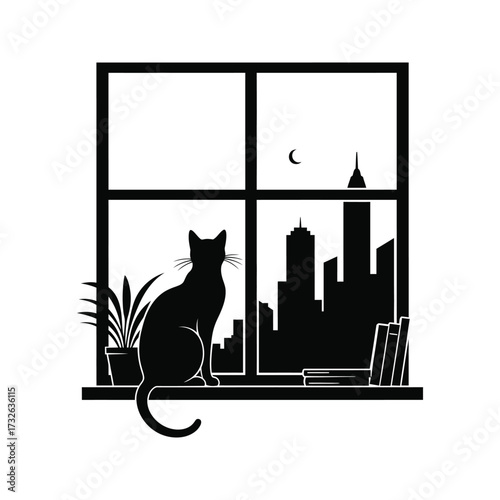 Silhouette of a black cat sitting on a windowsill overlooking a city skyline at night