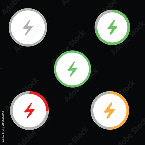 Collection of circular lightning bolt icons representing power levels and status vector