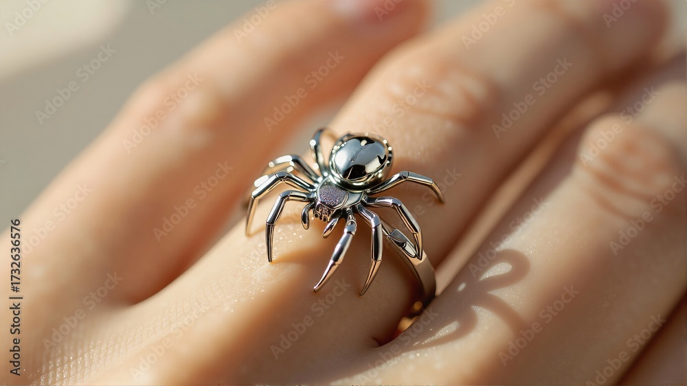 Obraz premium Close-up of spider ring on finger with shiny metallic finish, black spider-like structure. Soft natural lighting captures details, perfect for Halloween concept of fashion accessory.