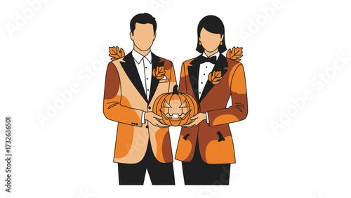 Halloween Couple with Pumpkin: A sophisticated couple, adorned in formal attire, lovingly presents a carved pumpkin in a stylized Halloween scene, showcasing elegance and festive spirit.