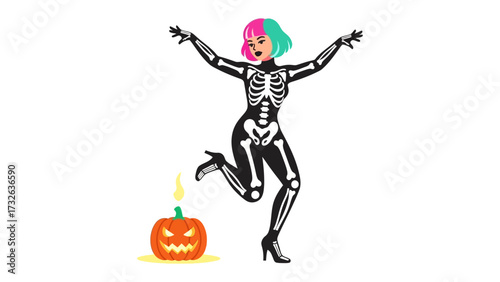 Halloween Revelry: An illustrated image captures a vibrant and spooky Halloween scene featuring a playful character clad in a skeleton costume.
