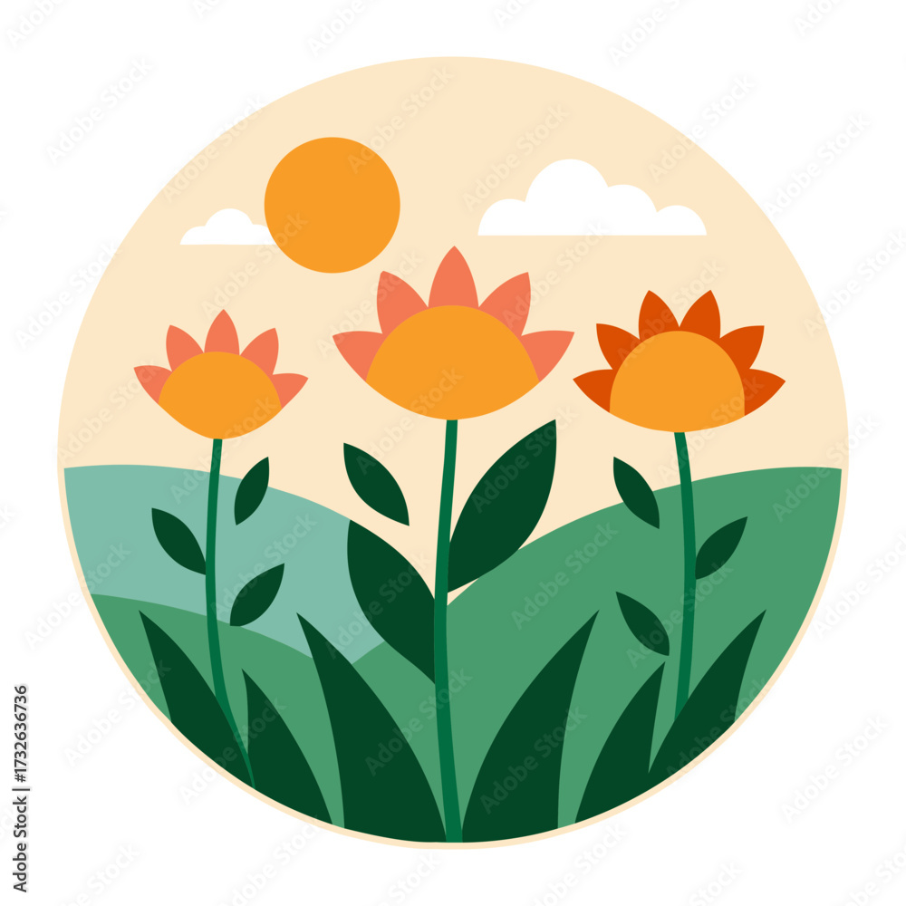 Fototapeta premium Blooming Meadow Flowers with Sunrise Vector