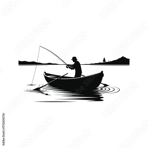 Silhouette of a lone fisherman casting a line from a rowboat on a calm lake with mountains in the background