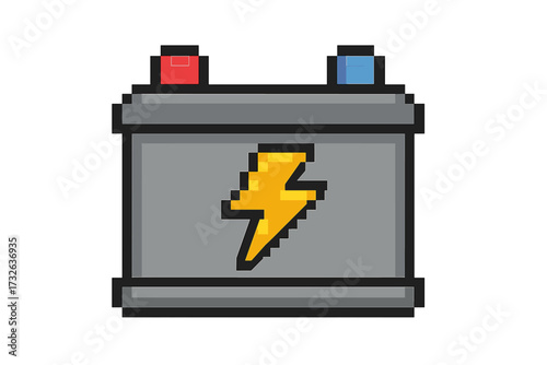 Car battery pixel art icon. 8-bit retro game style accumulator symbol. Vector illustration of electric power, energy, and charge concept with lightning bolt. Automotive voltage.