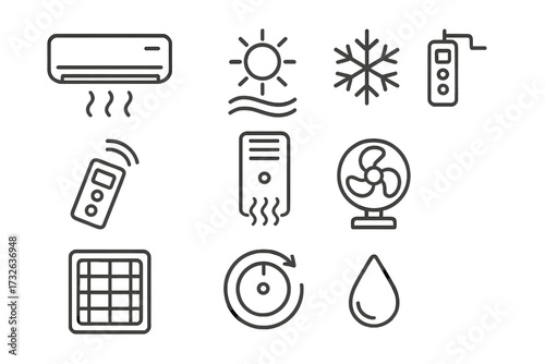 Air conditioning line icon set. HVAC, climate control, heating, cooling symbols. Vector fan, cold, heat, remote pictogram for UI, web, app design. Editable stroke.