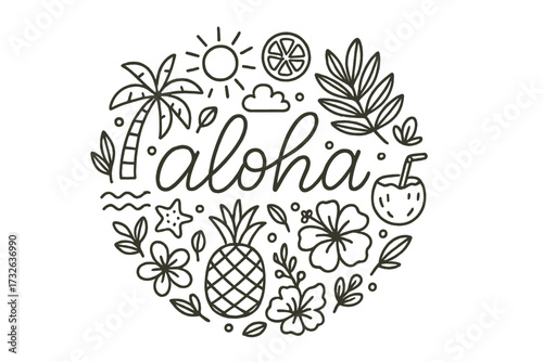 Aloha tropical paradise banner template with lettering. Hawaiian vacation linear vector illustration. Summer round shape design with palm, pineapple, hibiscus, sun, coconut.