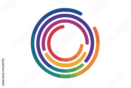 Abstract 360 degrees circle logo vector design. Colorful concentric lines forming a round spiral shape. Modern icon for technology, innovation, or panoramic view concepts.
