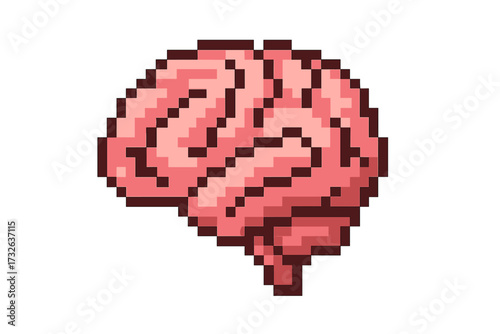 Pixel art brain icon. 8-bit retro gaming style creative symbol. Vector illustration representing mind, intelligence, idea, and thinking. Science and neurology concept graphic.