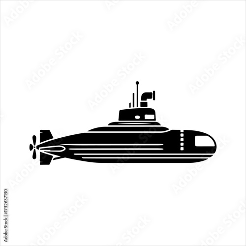 Silhouette of a submarine with a propeller, conning tower, and periscope, isolated on a white background.