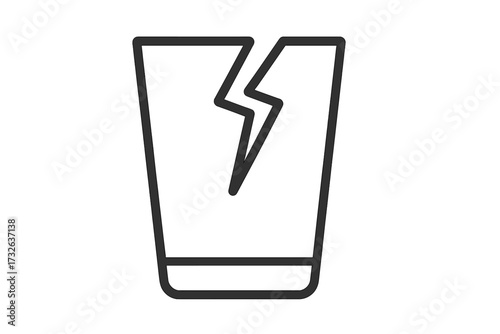 Broken glass linear icon. Cracked cup symbol. Fragile package warning sign. Damaged goods concept. Handle with care pictogram. Vector illustration of shattered drinking glass.