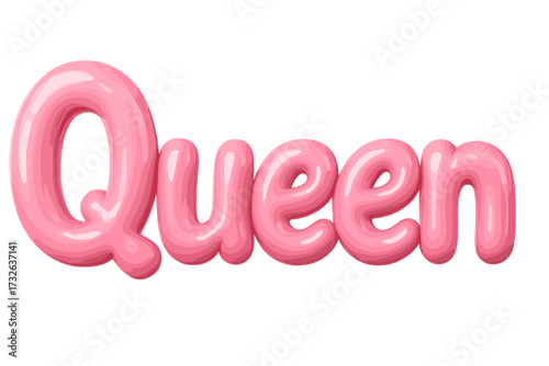 3D pink balloon text 'Queen' isolated. Girly decorative render in bubble gum style. Vector font for princess party, baby shower, birthday celebration, bachelorette party.
