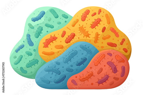 Microbiome vector background concept. 3D render of gut flora, bacteria, and probiotics. Abstract ad or presentation template. Microbiota and microorganism pattern. Science.