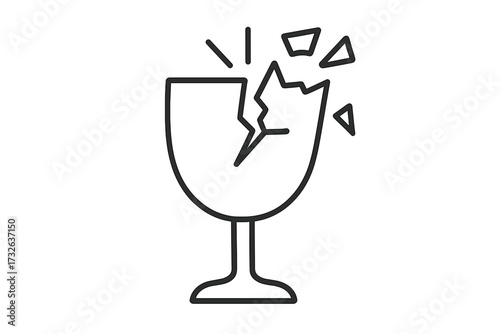 Broken glass linear icon. Fragile packaging symbol. Shattered wineglass outline sign. Handle with care warning. Damaged, cracked glassware pictogram for web and graphic design.