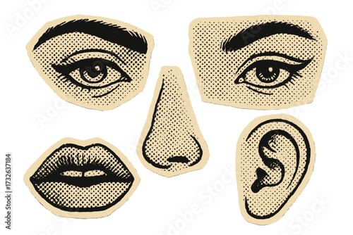 Retro punk rock collage elements set. Face parts with eyes, nose, lips, ear in halftone style. Vintage magazine cutout for zine. 90s pop art vector illustration.