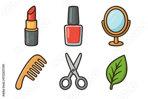 Beauty and grooming icon set. Lipstick, nail polish, mirror, comb, scissors, and a natural leaf. Concepts for cosmetics, makeup, salon, spa, self-care, manicure, haircare.