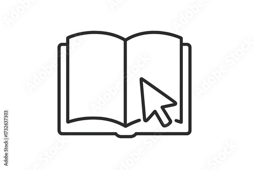Ebook and online reading icon. Open book with a mouse cursor arrow. Vector symbol for a digital library, e-learning, online course, literature, tutorial, distance education.