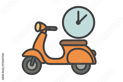 Fast delivery service by scooter or moped. Express shipping icon. On-time food or package delivery concept. Clock symbolizing deadline and urgency. Vector logo for logistics.