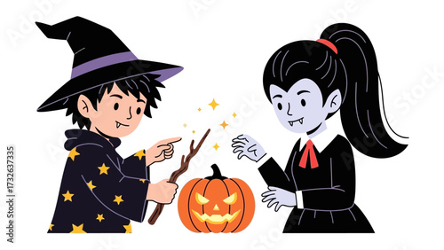 Enchanted Halloween Characters: A magical Halloween scene featuring a young witch and a playful vampire, joined by a carved jack-o'-lantern. 