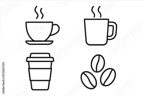 Coffee line icon set vector collection. Includes coffee cup, mug, to-go paper cup, and bean symbols. Simple outline illustration with editable stroke for easy customization.