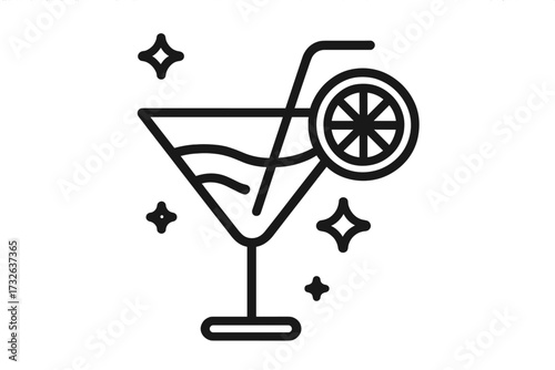 Cocktail icon, drink symbol, party concept. Linear martini glass with alcohol, straw, lemon slice. Vector illustration for bar menu, happy hour, celebration, summer beverage.