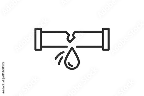 Broken pipe water leak icon. Plumbing problem concept. Burst pipeline, leakage, and dripping. Water damage and repair symbol. Emergency plumbing service vector illustration.