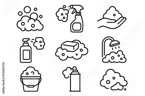 Soap and foam line icon set. Cleaning, hygiene and washing outline signs for graphic design. Vector illustration pack for apps, web, soap bar, dispenser, spray, shower.
