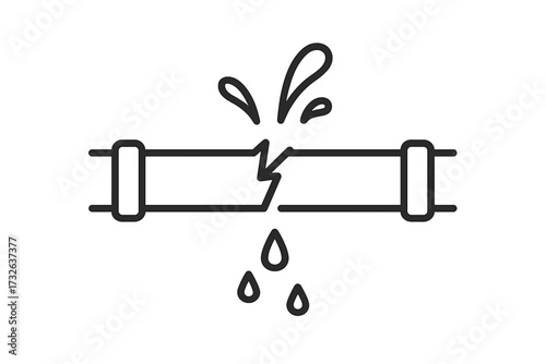 Broken pipe water leak outline icon. Burst pipeline with leaking water drops. Plumbing problem, damage, leakage concept. Water supply system accident, emergency repair symbol.