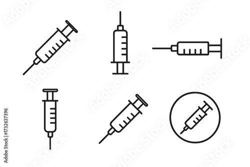 Syringe icon set for medical and healthcare concepts. Vector line art of injection, vaccine, and immunization. Simple pictograms for web, ui, ux, mobile apps, and design.