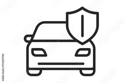 Car insurance concept icon. Auto protection and vehicle security symbol. Automobile with a shield representing safety, guarantee and warranty service. Minimal line vector design.