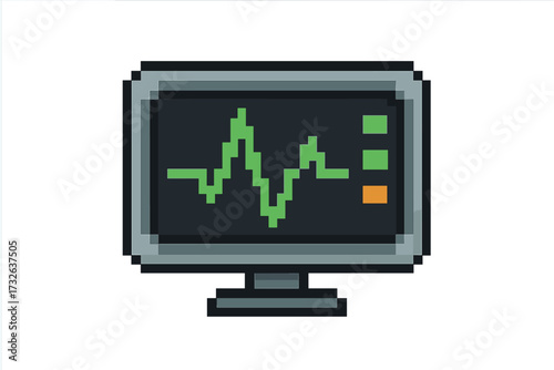 Vector pixel art icon of a monitor with a cardiogram or stock chart. 8-bit retro EKG heartbeat pulse line. Health, medical, or financial data display on a computer screen.