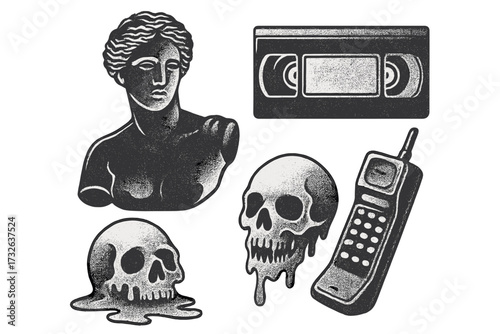 Y2K elements set. Retro grunge asset pack for streetwear design. 90s nostalgia. Antique statue, video cassette, melted skull, retro cellphone. Acid graphics with grain effect.