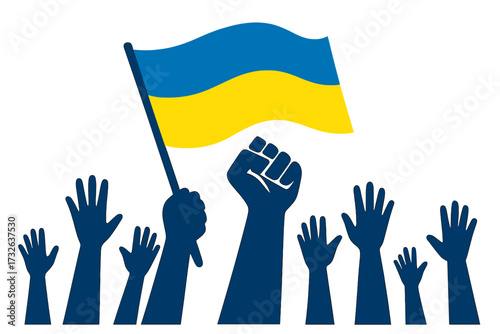 Stand with Ukraine. Protest concept. Ukrainian conflict. Crowd with hands up. Raised fist. Support Ukraine. People solidarity. War in Ukraine. Freedom for Ukraine. Vector.